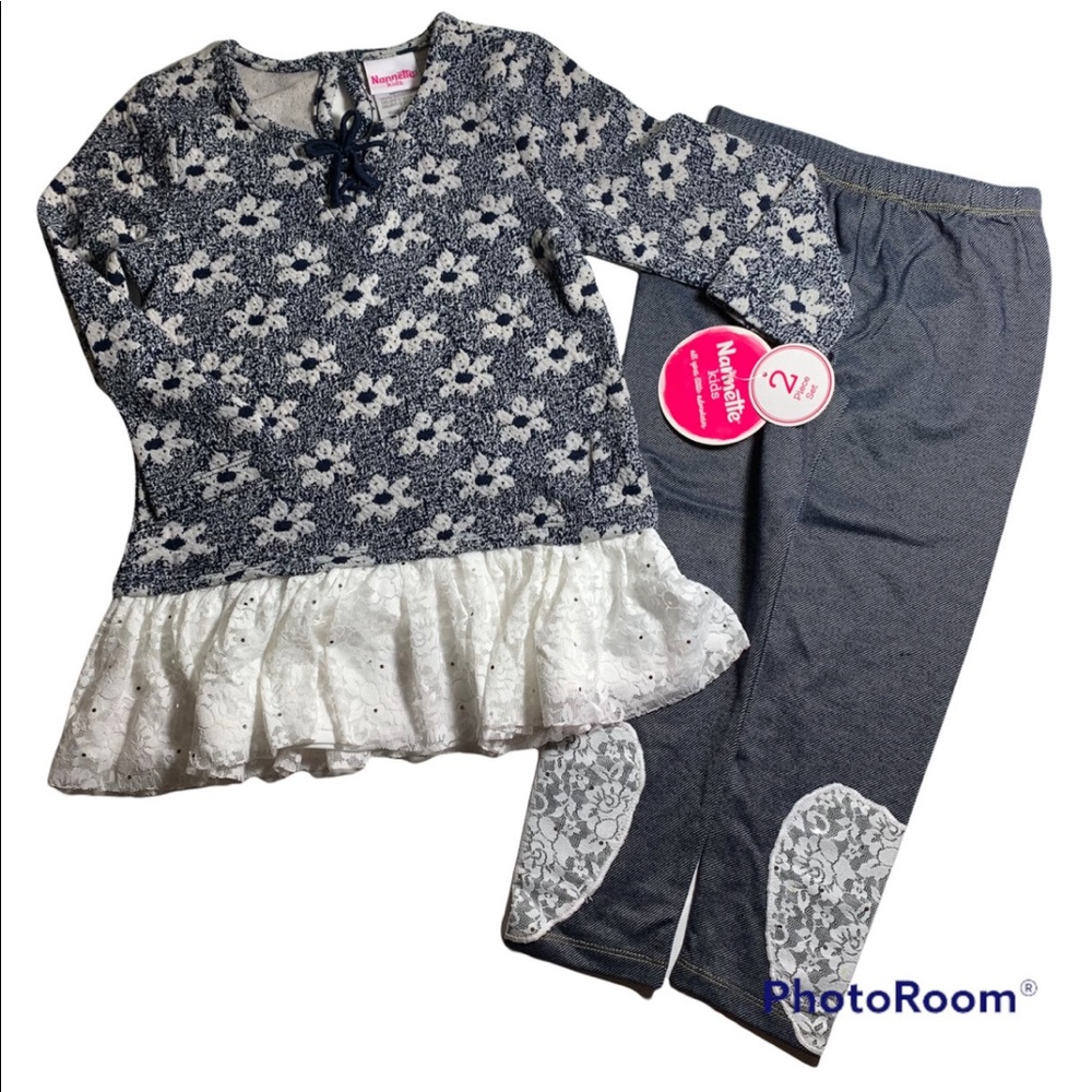 NWT Nannette 2pc Floral Navy Peplum Top Leggings Set Size 5
